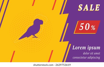 Sale promotion banner with place for your text. On the left is the parrot symbol. Promotional text with discount percentage on the right side. Vector illustration on yellow background