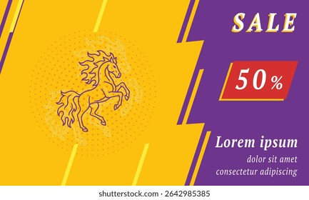 Sale promotion banner with place for your text. On the left is the fiery horse symbol. Promotional text with discount percentage on the right side. Vector illustration on yellow background