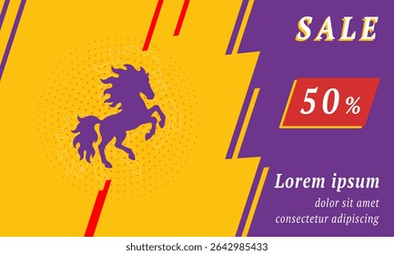 Sale promotion banner with place for your text. On the left is the fiery horse symbol. Promotional text with discount percentage on the right side. Vector illustration on yellow background