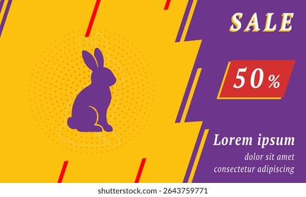 Sale promotion banner with place for your text. On the left is the rabbit symbol. Promotional text with discount percentage on the right side. Vector illustration on yellow background