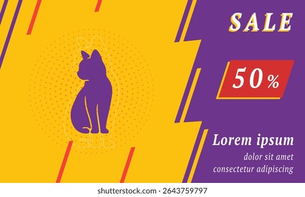 Sale promotion banner with place for your text. On the left is the cat symbol. Promotional text with discount percentage on the right side. Vector illustration on yellow background