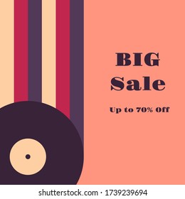 Sale promotion banner, social media post design template in retro style. Special offer, promo. Square banner with phonograph gramophone vinyl records, circles, stripes. Vector illustration in flat.