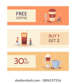 Sale promotion banners or flyers set for coffee shop and coffee drink take away cafe with cups and characters, flat vector illustration on color background.
