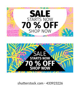 Sale promotion design template vector illustration with summer pattern with palm trees, flowers, leaves in memphis retro style. 