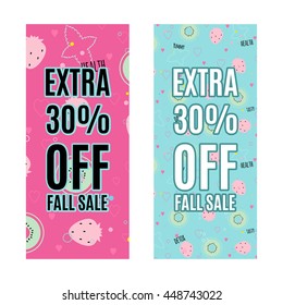 Sale promotion design template vector illustration with summer pattern with kiwi, strawberry, hearts in flat design style. 