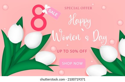 Sale Promotion Discount March 8 Flowers White Tulips And Number 8 Baner Womens Day Design Design Concept For International Womens Day Holiday Greeting Card Baner Flyer Vector illustration