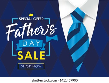 Sale promotion for Father's Day poster or banner. Special offer shopping and promotion template for Fathers Day with striped blue tie and men's sweater. Vector illustration 