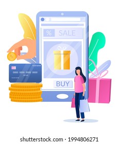 Sale promotion gift box on smartphone screen, woman with shopping bags, credit card, flat vector illustration. Online shopping, internet payment technologies.