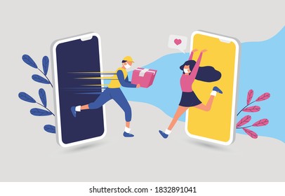 Sale promotion with man sent gift to happy women on mobile phone design for banner sale with lovely women running go to shopping in abstract background.and colorful shirt. Vector illustration.