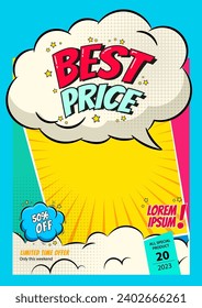Sale promotion media in captivating comic pop art style. supersale discount, Poster can be used for banners, flyers, outdoor printing, web. Bright vector illustration