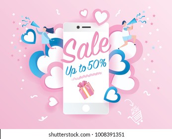 Sale promotion on mobile phone design for banner sale with lovely joyful couple celebration in pink background. pink heart and love.Vector illustration.