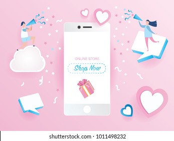 Sale promotion on mobile phone design for banner sale with lovely joyful couple celebration in pink background. pink heart and love.Vector illustration..paper art style.