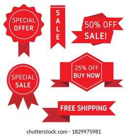 Sale promotion red banners icon set. Online store marketing badges vector illustration.