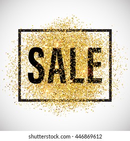 Sale promotion tag. Discount promo label. New Year, Christmas offer. Golden glitter template for shop banner, poster, certificate. Gold glittering vector flares on white background.