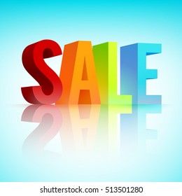Sale promotion template with big 3d colorful letters and reflection on light blue background isolated vector illustration