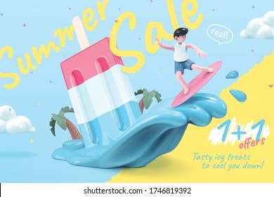 Sale promotion template for icy treats, with cute boy surfing on melting popsicle waves, 3d illustration