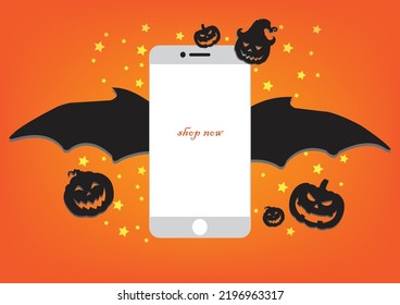 promotion de vente avec texte online shopping sur mobile design pour la vente de bannières avec halloween day, shopping sur fond abstrait. 
