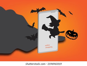 promotion de vente avec texte online shopping sur mobile design pour la vente de bannières avec halloween day, shopping sur fond abstrait. 