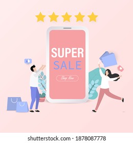 Sale promotion with text SUPER SALE on mobile phone, happy man and woman with shopping bag, five star rank, customer review rating concept, design for website banner and poster sale.