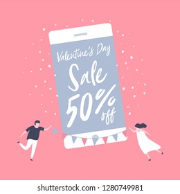 Sale promotion Valentine's day on mobile phone for banner sale with lovely joyful couple celebration in pink background.