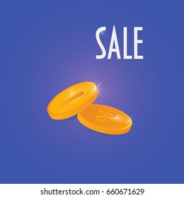 Sale promotion vector illustration: two gold coins with minus and percentage signs.