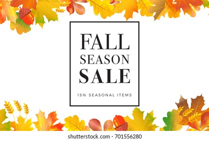 Sale promotion web banner with autumn background. Promo fall season discount layout with floral ornament. Vector seasonal discount template design.