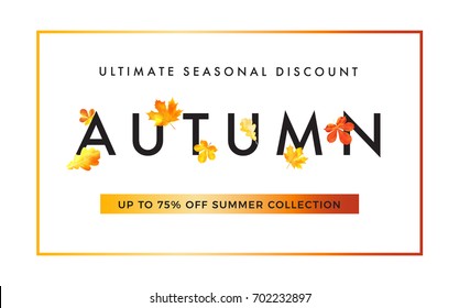 Sale promotion web banner with luxury  autumn background. Promo fall season discount layout with fashionable golden leaves elements. Vector seasonal discount template design.