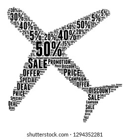 Sale and promotion word cloud in airplane shape, vector file for EPS10