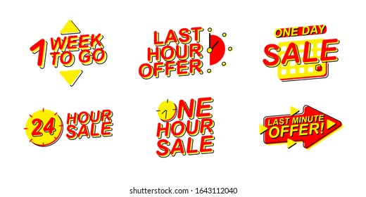Sale promotional labels set. Last minute offer, 24 hour and one day sale promo badges collection. Vector illustration for discount shopping, business and advertising.