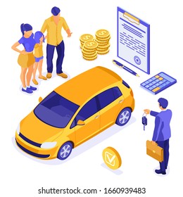 Sale, Purchase, Insurance, Rent Car Isometric For Landing, Advertising With Car, Family With Child, Realtor, Insurant, Key. Auto Rental, Carpool, Carsharing. Isolated Vector Illustration