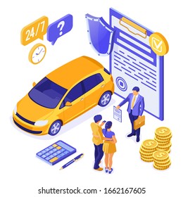 Sale, purchase, insurance, rent car isometric for landing, advertising with car, couple with credit card, realtor, insurant, support. Auto rental, carpool, carsharing. isolated vector illustration