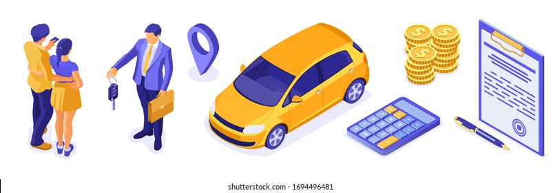 Sale, purchase, insurance, rent car isometric for landing, advertising with car, couple, realtor, insurant, key. Auto rental, carpool, carsharing. isolated vector illustration