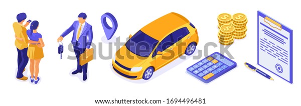 Sale, purchase,\
insurance, rent car isometric for landing, advertising with car,\
couple, realtor, insurant, key. Auto rental, carpool, carsharing.\
isolated vector\
illustration