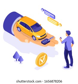 Sale, purchase, rent car isometric concept for landing, advertising with car on hand, man with credit card, key, chat. Auto rental, carpool, carsharing for city trips. isolated vector illustration