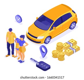 Sale, Purchase, Rent Car Isometric Concept For Landing, Advertising With Car, Key, Family With Child. Auto Rental, Carpool, Carsharing For City Trips. Isolated Vector Illustration