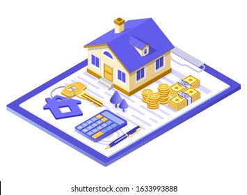 Sale purchase rent mortgage house isometric concept for poster, landing, advertising with home on clipboard, money, key and calculator. isolated vector illustration