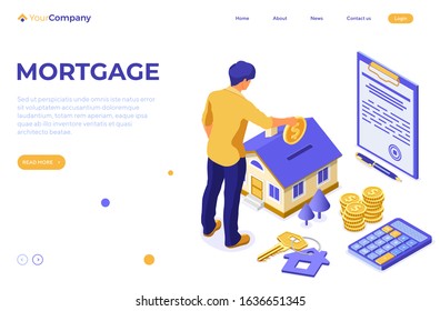 Sale, purchase, rent, mortgage house isometric concept for landing page template, advertising with home, man invests money in real estate, key, agreement, pen, calculator. isolated vector illustration