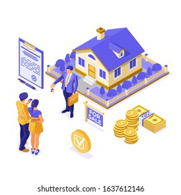 Sale, purchase, rent, mortgage house isometric concept for landing, advertising with home, realtor, key, family invests money in real estate. isolated vector illustration