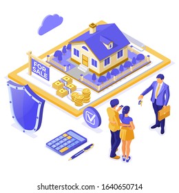 Sale, purchase, rent, mortgage house isometric concept for landing, advertising with home, realtor, key, family invests money in real estate. isolated vector illustration