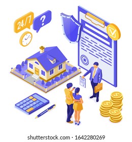 Sale, purchase, rent, mortgage, insurance house isometric concept, banner with home, realtor, insurant, family invests money in real estate. landing page template. isolated vector illustration