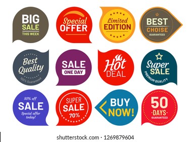 Sale quality badges. Round hundred percent assured label badge. Sticker, exclusive premium best price button. Seller offer big sale, hot deal or buy now signage vector illustration isolated icons set