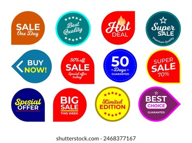 Sale quality badges. Round hundred percent assured label badge. Sticker, exclusive premium best price button. Seller offer big sale, hot deal or buy now signage vector illustration isolated icons set