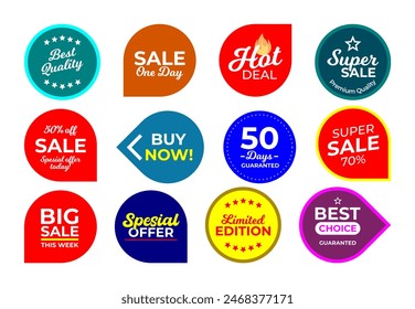 Sale quality badges. Round hundred percent assured label badge. Sticker, exclusive premium best price button. Seller offer big sale, hot deal or buy now signage vector illustration isolated icons set