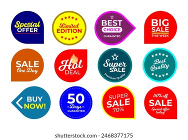 Sale quality badges. Round hundred percent assured label badge. Sticker, exclusive premium best price button. Seller offer big sale, hot deal or buy now signage vector illustration isolated icons set