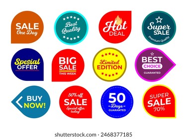 Sale quality badges. Round hundred percent assured label badge. Sticker, exclusive premium best price button. Seller offer big sale, hot deal or buy now signage vector illustration isolated icons set