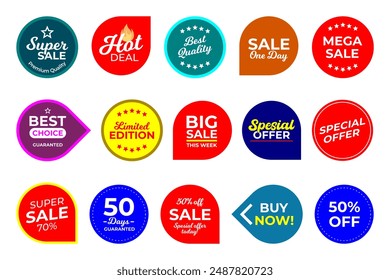 Sale quality badges. Round hundred percent assured label badge. Sticker, exclusive premium best price button. Seller offer big sale, hot deal or buy now signage vector illustration isolated icons set