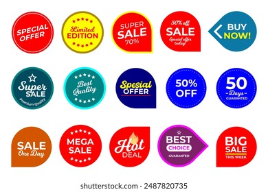 Sale quality badges. Round hundred percent assured label badge. Sticker, exclusive premium best price button. Seller offer big sale, hot deal or buy now signage vector illustration isolated icons set