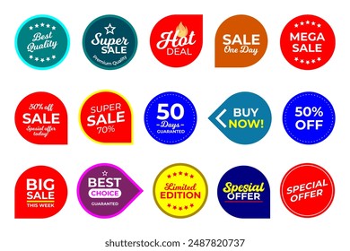 Sale quality badges. Round hundred percent assured label badge. Sticker, exclusive premium best price button. Seller offer big sale, hot deal or buy now signage vector illustration isolated icons set