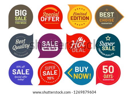 Sale quality badges. Round hundred percent assured label badge. Sticker, exclusive premium best price button. Seller offer big sale, hot deal or buy now signage vector illustration isolated icons set [[stock_photo]] © 