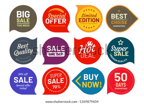 Sale quality badges. Round hundred percent assured\
label badge. Sticker, exclusive premium best price button. Seller\
offer big sale, hot deal or buy now signage vector illustration\
isolated icons set